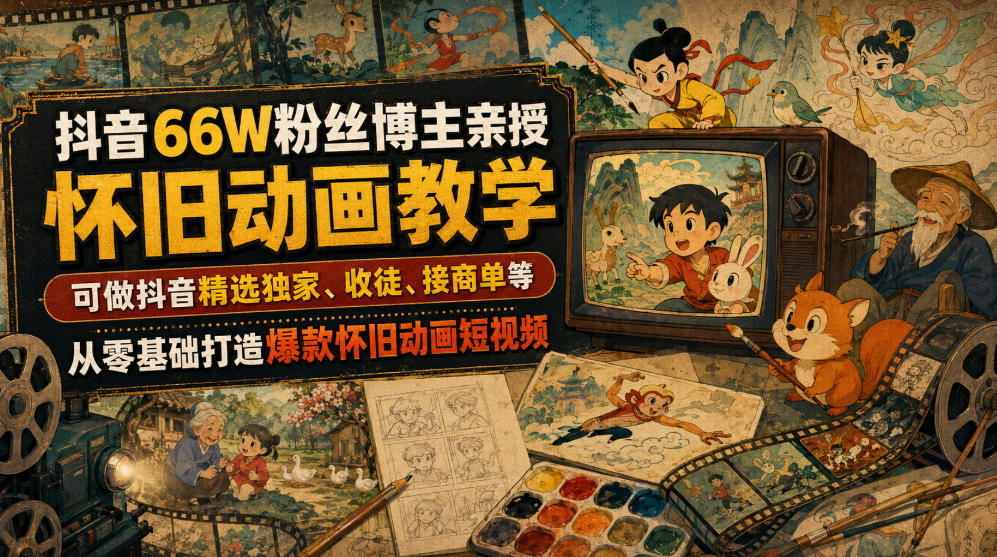 抖音66W粉丝博主亲授怀旧动画教学，可做抖音精选独家、收徒、接商单等，从零基础打造爆款怀旧动画短视频-优创圈