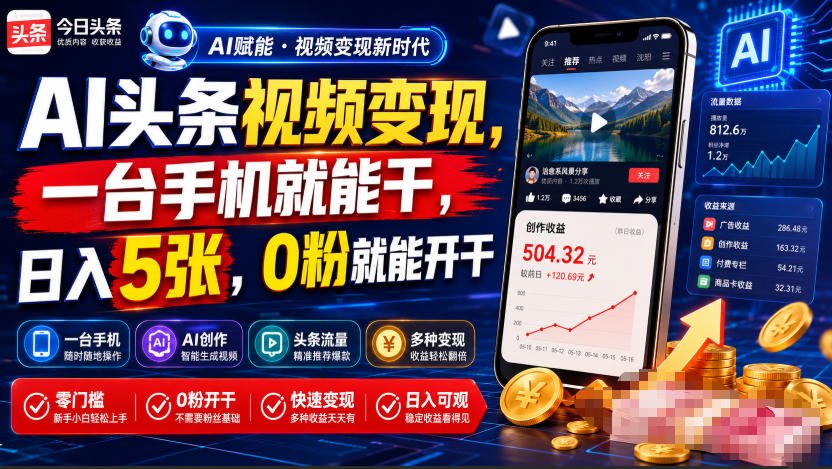 AI头条视频变现，一台手机就能干，日入5张，0粉就能开干-优创圈