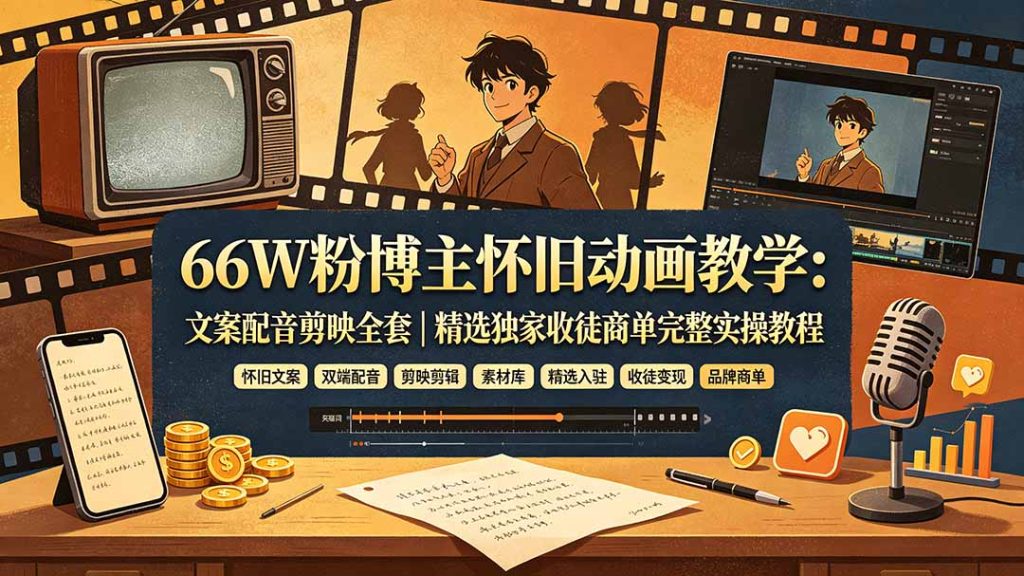 66W粉博主怀旧动画教学:文案配音剪映全套|精选独家收徒商单完整实操教程-优创圈