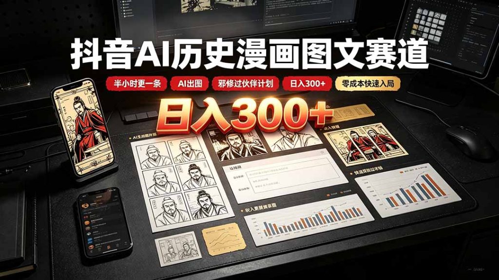 抖音AI历史漫画图文赛道：半小时更一条×AI出图×邪修过伙伴计划×日入300+，零成本快速入局-优创圈