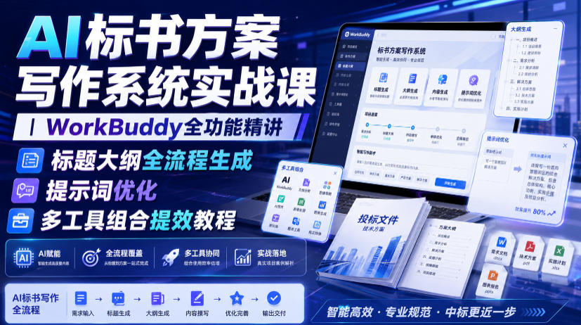 AI标书方案写作系统实战课｜WorkBuddy全功能精讲・标题大纲全流程生成・提示词优化・多工具组合提效教程-优创圈
