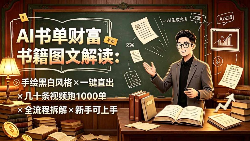 AI书单财富书籍图文解读:手绘黑白风格×一键直出×几十条视频跑1000单×全流程拆解×新手可上手-优创圈