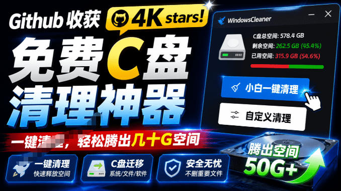 Github收获4K stars!免费C盘清理神器,轻松腾出几十G空间,支持C盘迁移Windows Cleaner-优创圈