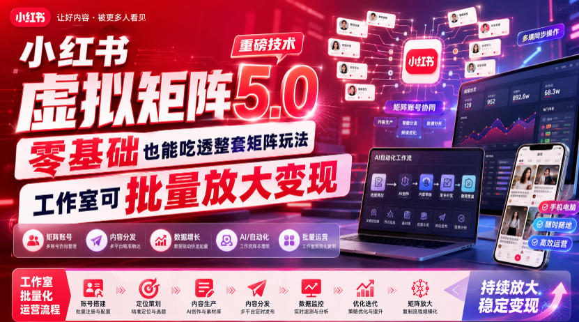 小红书虚拟矩阵5.0重磅技术,零基础也能吃透整套矩阵玩法,工作室可批量放大变现-优创圈