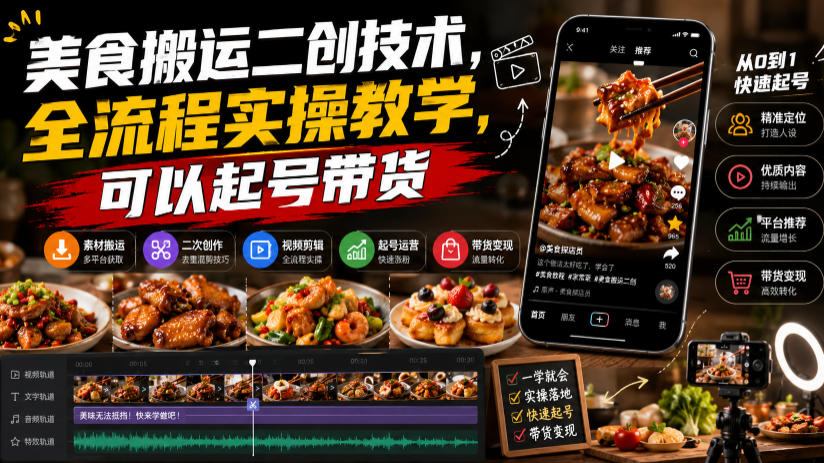 美食搬运二创技术,全流程实操教学,可以起号带货-优创圈