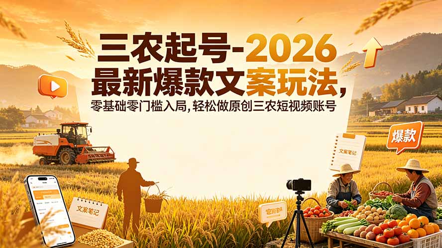 三农起号-2026 最新爆款文案玩法,零基础零门槛入局,轻松做原创三农短视频账号-优创圈