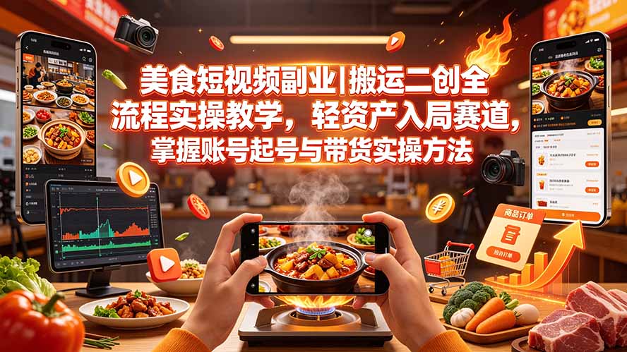 美食短视频副业|搬运二创全流程实操教学,轻资产入局赛道,掌握账号起号与带货实操方法-优创圈