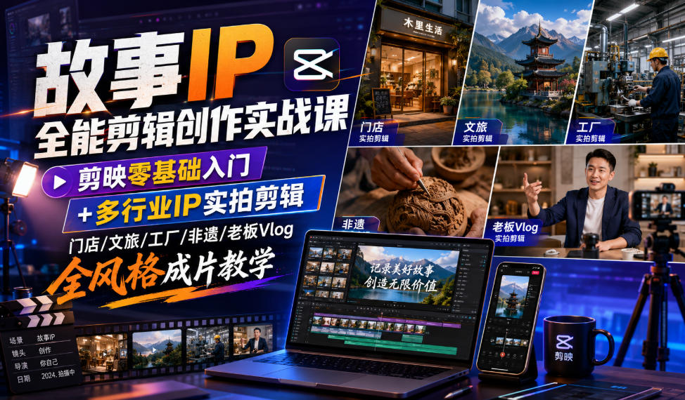 故事IP全能剪辑创作实战课｜剪映零基础入门+多行业IP实拍剪辑，门店/文旅/工厂/非遗/老板Vlog全风格成片教学-优创圈