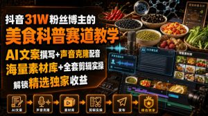抖音31W粉丝博主的美食科普赛道教学,AI文案撰写+声音克隆配音+剪辑实操,解锁精选独家收益-优创圈