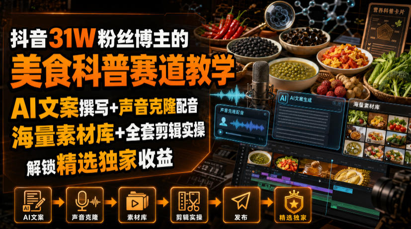抖音31W粉丝博主的美食科普赛道教学,AI文案撰写+声音克隆配音+剪辑实操,解锁精选独家收益-优创圈