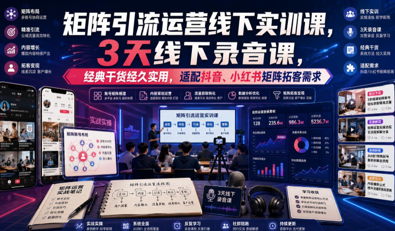 嗨推矩阵引流运营线下实训课,3天线下录音课,经典干货经久实用,适配抖音、小红书矩阵拓客需求-优创圈