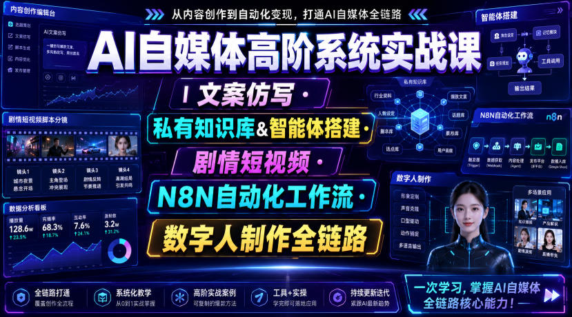 AI自媒体高阶系统实战课|文案仿写・私有知识库&智能体搭建・剧情短视频・N8N自动化工作流・数字人制作全链路-优创圈