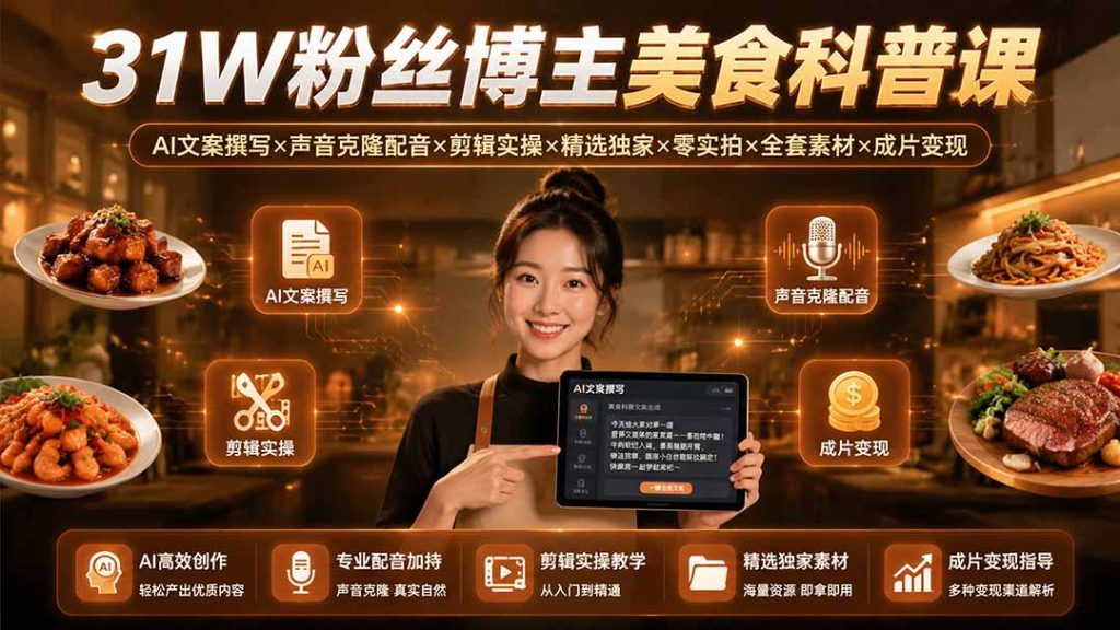 31W粉丝博主美食科普课:AI文案撰写×声音克隆配音×剪辑实操×精选独家×零实拍×全套素材×成片变现-优创圈