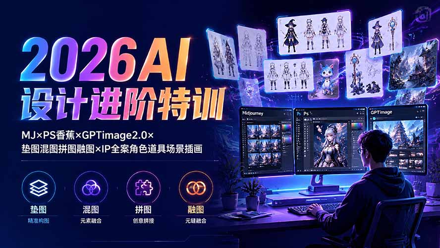 2026AI设计进阶特训:MJ×PS香蕉×GPTimage2.0×垫图混图拼图融图×IP全案角色道具场景插画-优创圈