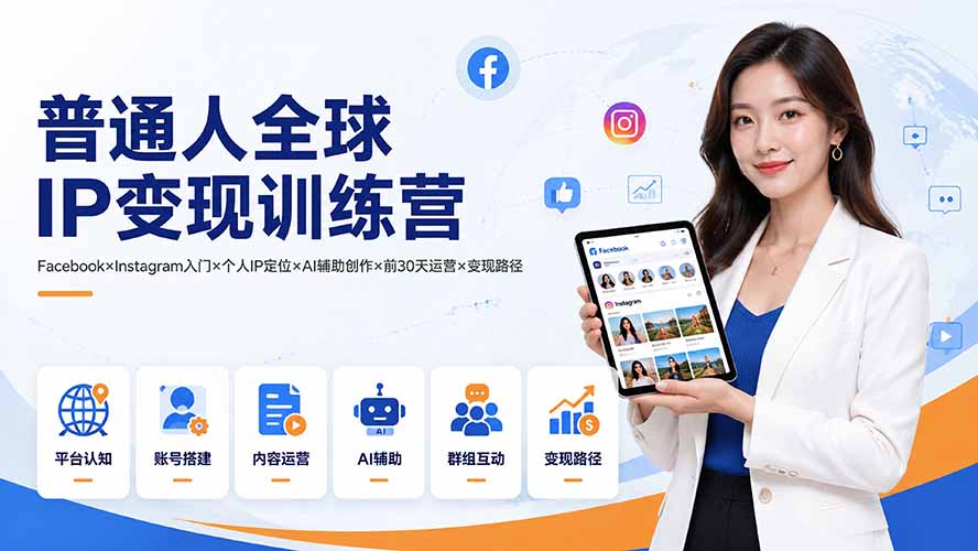 普通人全球IP变现训练营:Facebook×Instagram入门×个人IP定位×AI辅助创作×前30天运营×变现路径-优创圈