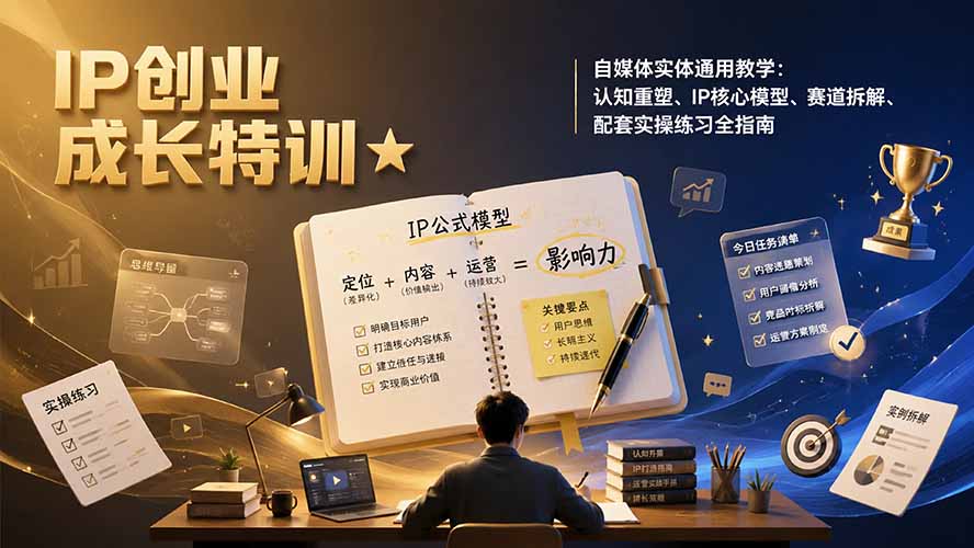IP创业成长特训★自媒体实体通用教学:认知重塑、IP核心模型、赛道拆解、配套实操练习全指南-优创圈