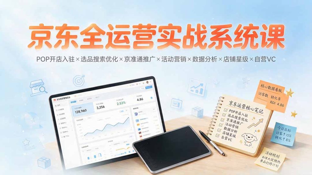 京东全运营实战系统课：POP开店入驻×选品搜索优化×京准通推广×活动营销×数据分析×店铺星级×自营VC-优创圈