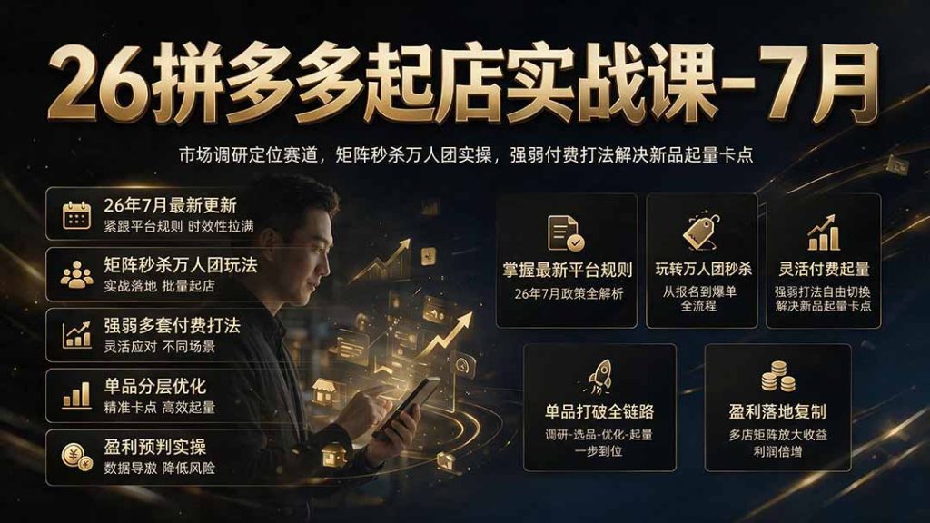 26拼多多起店实战课-7月｜市场调研定位赛道，矩阵秒杀万人团实操，强弱付费打法解决新品起量卡点-优创圈
