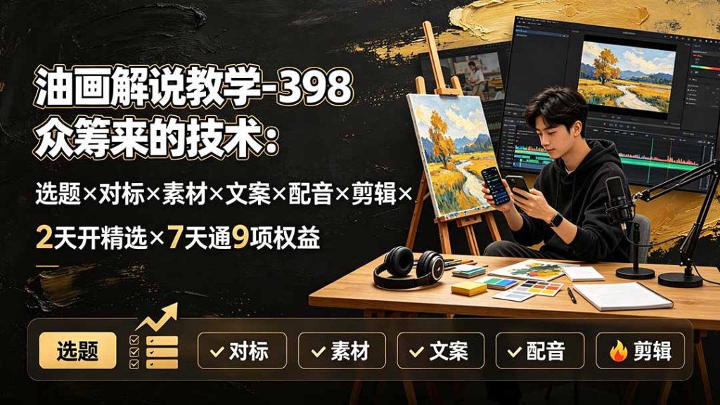 油画解说教学-398众筹来的技术-刯新：选题×对标×素材×文案×配音×剪辑×2天开精选×7天通9项权益-优创圈