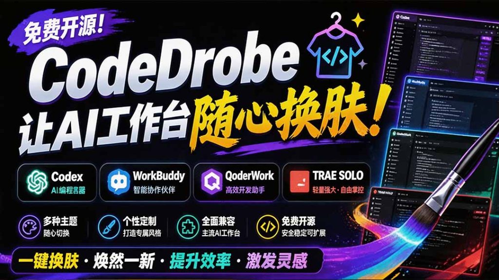 免费开源的CodeDrobe，让AI工作台随心换肤，支持Codex、WorkBuddy等，免费且本地运行！-优创圈