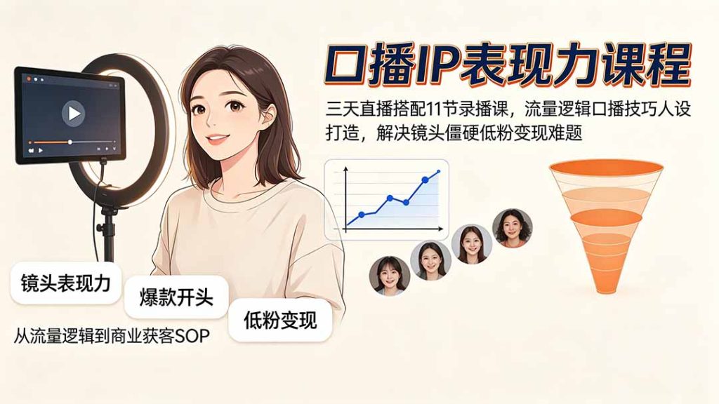 口播IP表现力课程|三天直播搭配11节录播课,流量逻辑口播技巧人设打造,解决镜头僵硬低粉变现难题-优创圈
