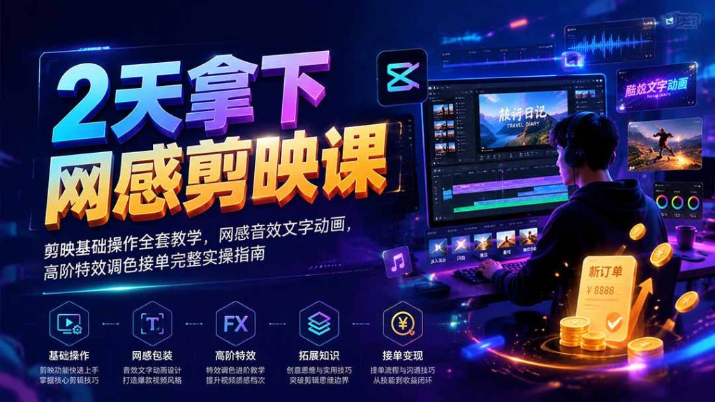 2天拿下网感剪辑课｜剪映基础操作全套教学，网感音效文字动画，高阶特效调色接单完整实操指南-优创圈