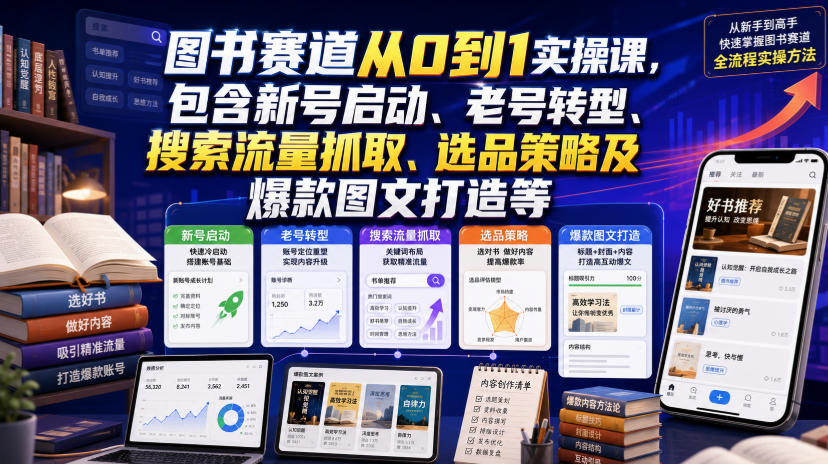 图书赛道从0到1实操课,包含新号启动、老号转型、搜索流量抓取、选品策略及爆款图文打造等-优创圈