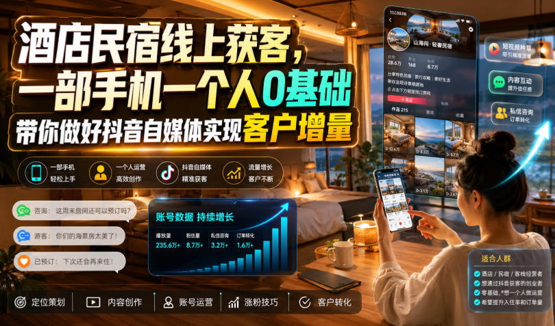 酒店民宿线上获客，一部手机一个人0基础带你做好抖音自媒体实现客户增量-优创圈