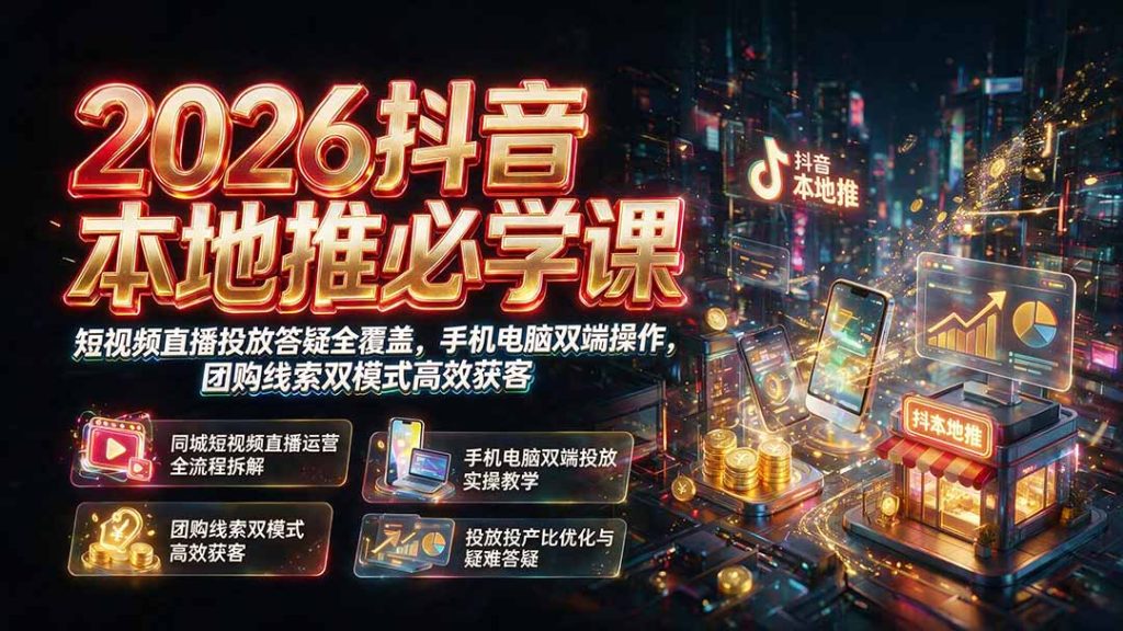 2026抖音本地推必学课|短视频直播投放答疑全覆盖,手机电脑双端操作,团购线索双模式高效获客-优创圈