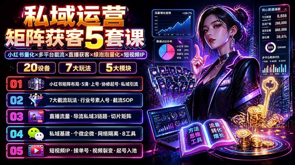 私域运营矩阵获客5套课:小红书量化×多平台截流×直播获客×绿泡泡量化×短视频IP×20设备×7大玩法-优创圈