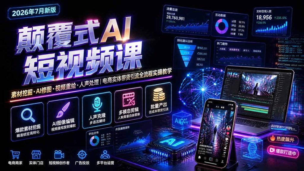 颠覆式AI短视频课｜素材挖掘，AI修图，视频重绘，人声处理｜电商实体带货引流全流程实操教学-优创圈