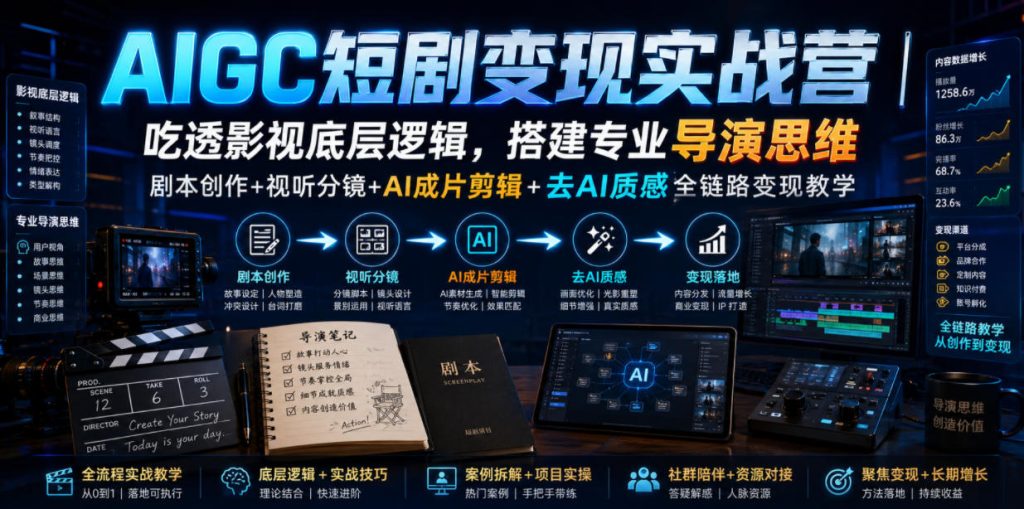 AIGC短剧变现实战营|吃透影视底层逻辑,搭建专业导演思维,剧本创作+视听分镜+AI成片剪辑+去AI质感全链路变现教学-优创圈