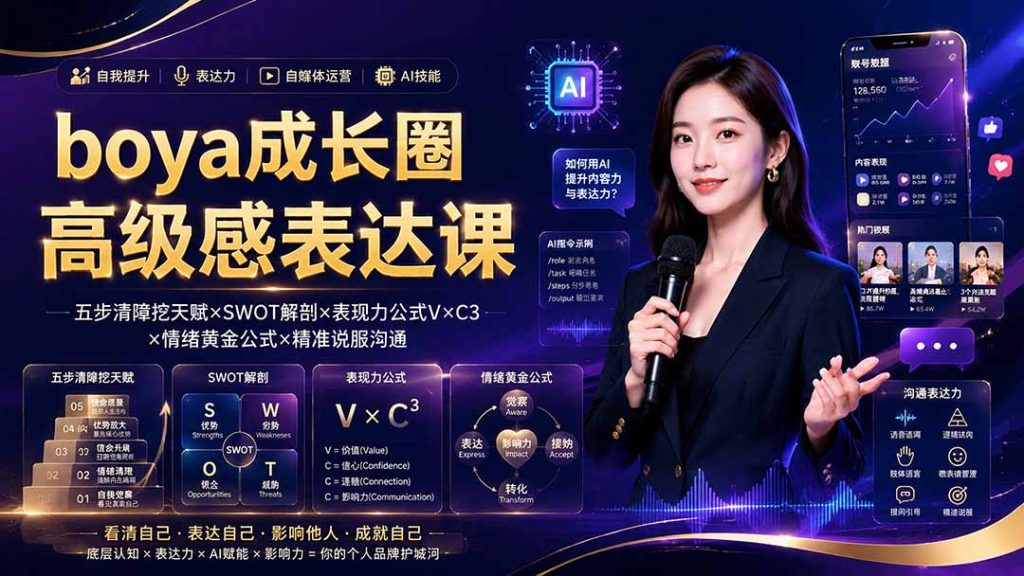 boya成长圈｜内心成长高级表达AI自媒体三合一，消解内耗挖掘天赋，镜头沟通AI指令短视频全流程教学-优创圈
