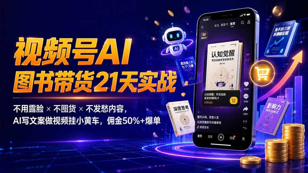 繁花视频号AI图书带货21天实战：不用露脸×不囤货×不发愁内容，AI写文案做视频挂小黄车，佣金50%+爆单-优创圈