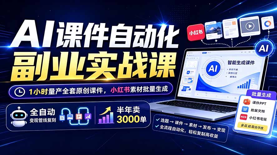 AI课件自动化副业实战课:1小时量产全套原创课件×小红书素材批量生成×全自动变现管线×半年卖3000单-优创圈