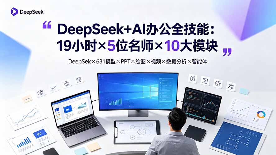 DeepSeek+AI办公全技能:19小时×5位名师×10大模块,DeepSeek×631模型×PPT×绘图×视频×数据分析×智能体-优创圈