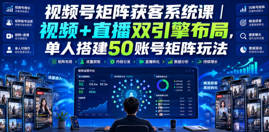 视频号矩阵获客系统课｜视频+直播双引擎布局，单人搭建50账号矩阵玩法，流量入池、搜索占位、全域引流沉淀私域全流程教学-优创圈