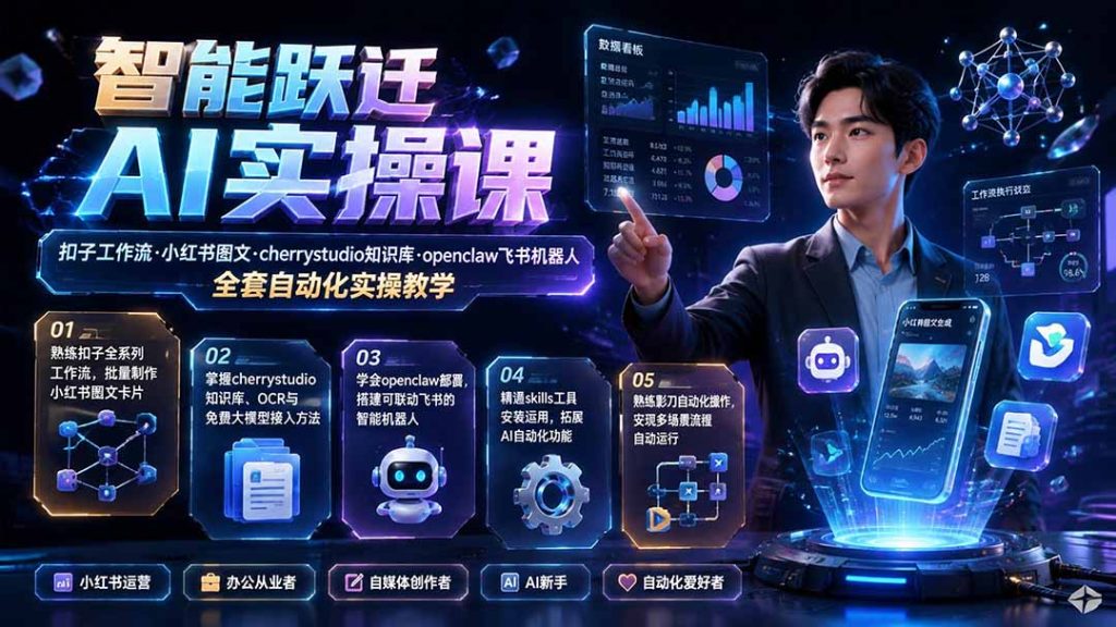 智能跃迁 AI实操课|扣子工作流小红书图文搭建,cherrystudio知识库openclaw飞书机器人全套自动化实操教学-优创圈