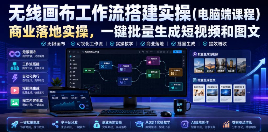 无线画布工作流搭建实操(电脑端课程),商业落地实操,一键批量生成短视频和图文-优创圈