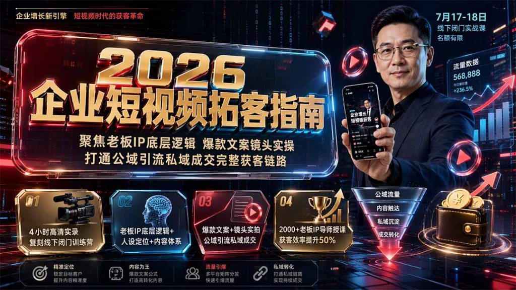 2026企业短视频拓客指南:聚焦老板IP底层逻辑,爆款文案镜头实操,打通公域引流私域成交完整获客链路-优创圈