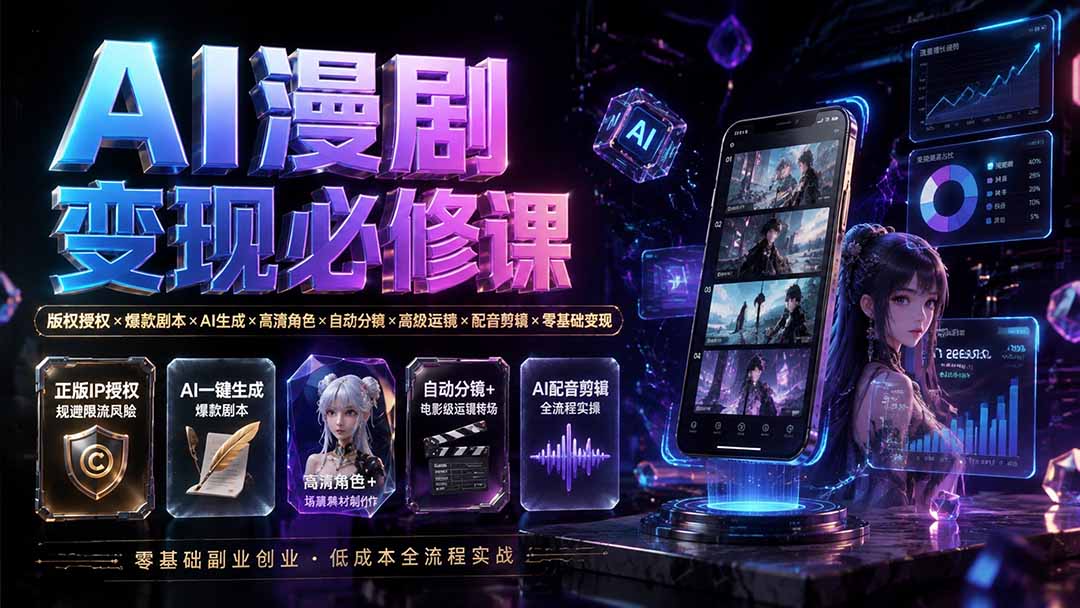 AI漫剧变现必修课:版权授权×爆款剧本×AI生成×高清角色×自动分镜×高级运镜×配音剪辑×零基础变现