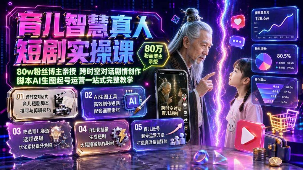 育儿智慧真人短剧实操课|80w粉丝博主亲授,跨时空对话剧情创作,脚本AI生图起号运营一站式完整教学-优创圈