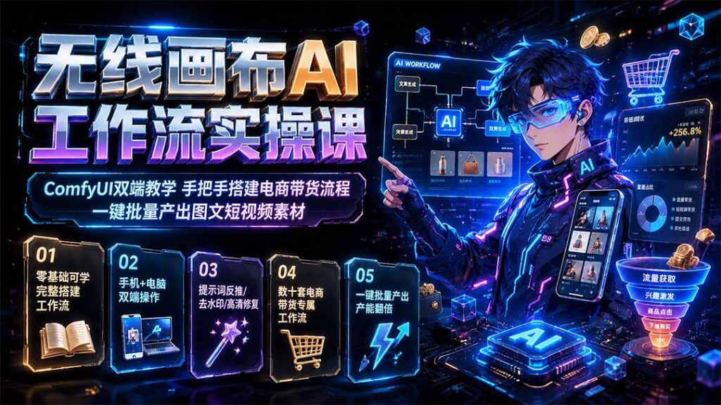 无线画布AI工作流实操课｜ComfyUI双端教学，手把手搭建电商带货流程，一键批量产出图文短视频素材-优创圈