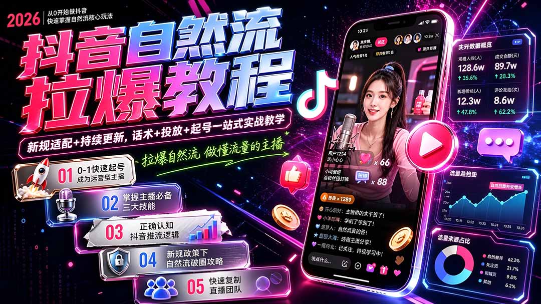 抖音自然流拉爆教程-更新7月:做懂流量的主播,新规适配+持续更新,话术+投放+起号一站式实战教学