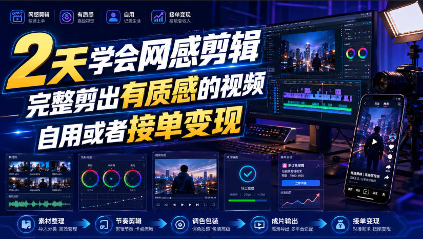 2天学会网感剪辑,完整剪出有质感的视频,自用或者接单变现-优创圈