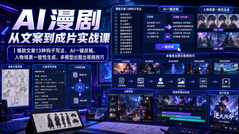 AI漫剧从文案到成片实战课|爆款文案13种钩子写法、AI一键改稿、人物场景一致性生成、多模型出图出视频技巧-优创圈