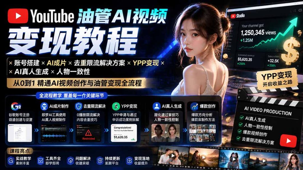 YouTube油管AI视频变现教程:账号搭建×AI成片×去重限流解决方案×YPP变现×AI真人生成×人物一致性-优创圈