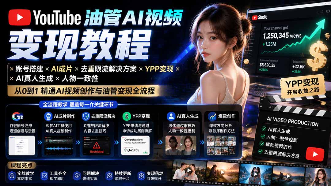 YouTube油管AI视频变现教程:账号搭建×AI成片×去重限流解决方案×YPP变现×AI真人生成×人物一致性