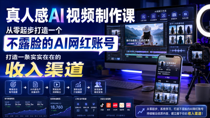 真人感AI视频制作课,从零起步打造一个不露脸的AI网红账号,打造一条实实在在的收入渠道【原创双语字幕】-优创圈