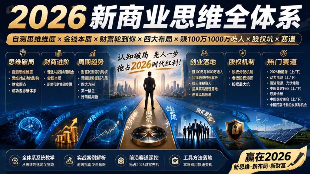 2026新商业思维全体系：自测思维维度×金钱本质×财富轮到你×四大布局×赚100万1000万选人×股权坑×赛道-优创圈